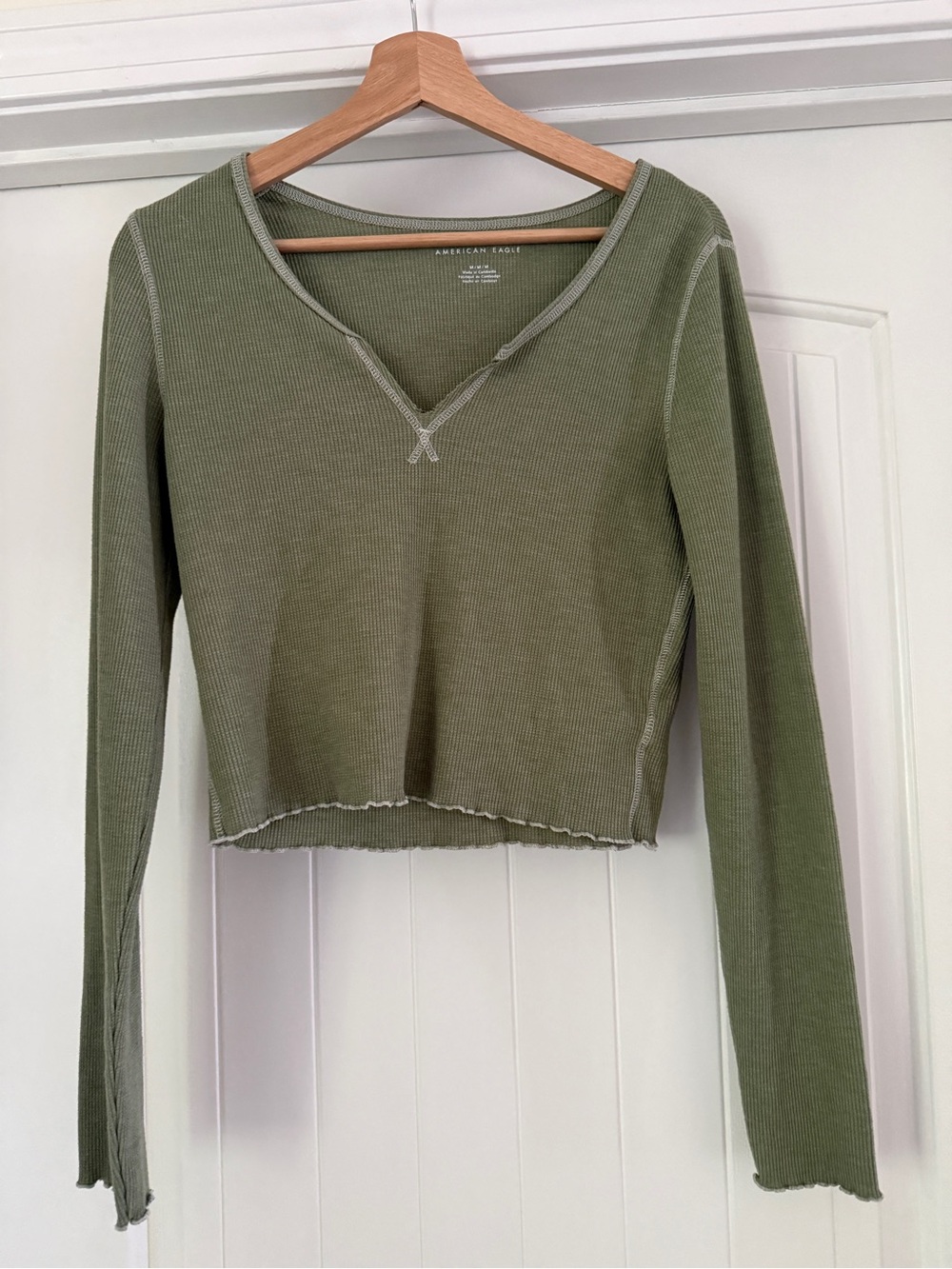 American Eagle Outfitters Olive Green Ribbed Long Sleeve Crop Top